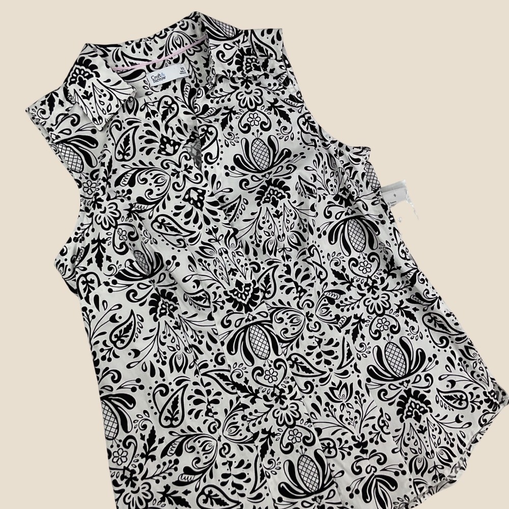 Croft & Barrow Top Button Up Sleeveless Paisley Collared Black White Shirt Sz XS